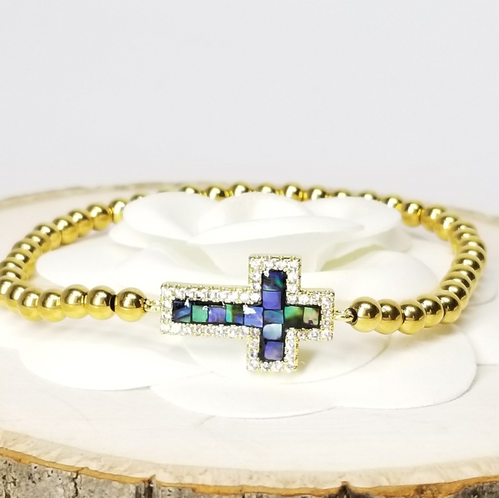 18K Gold Stainless Steel Pave CZ Cross Bracelet - Picture 3 of 10